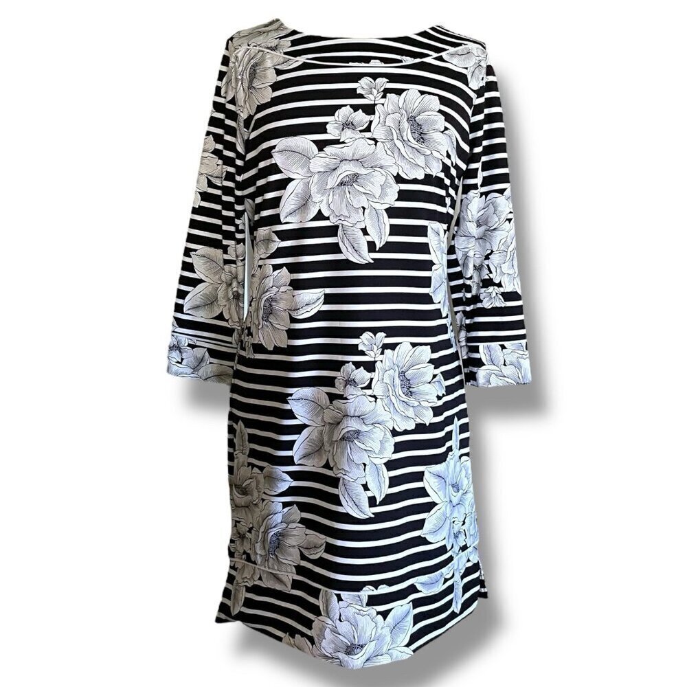 Lands End Womens Beach Dress Sz Medium 10 12 Black White Floral Swim Cover Up
